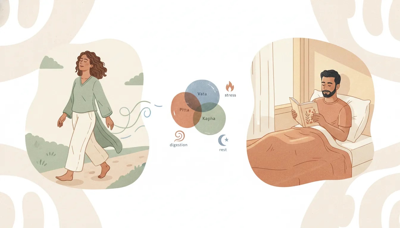 Ilustración sobre bioindividualidad en Ayurveda: distintas respuestas del cuerpo al comer, descansar y gestionar el estrés con Vata, Pitta y Kapha