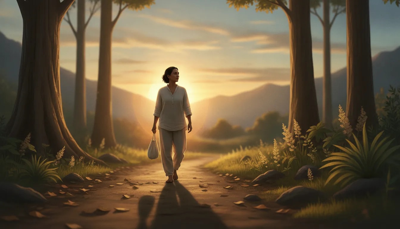 Persona realizando una caminata suave al atardecer para apoyar la digestión y recuperar energía con enfoque ayurvédico