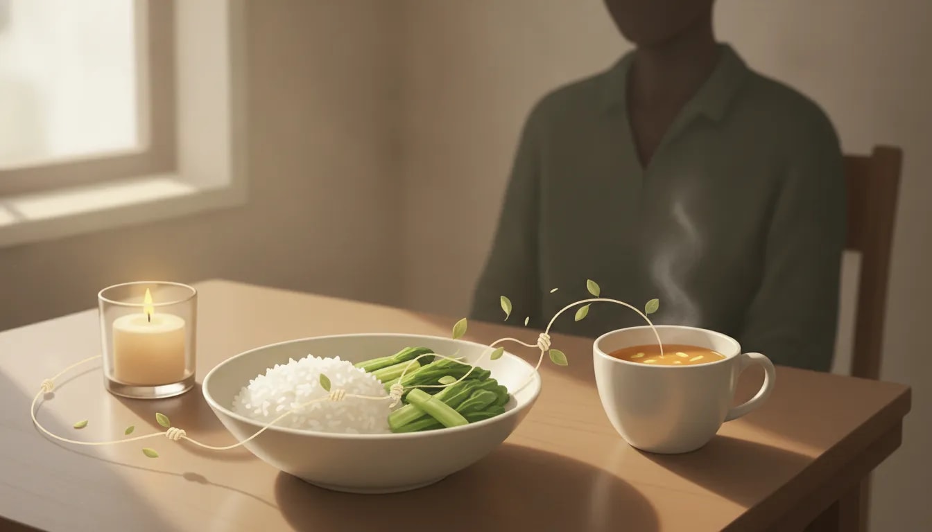 Comida casera acompañada por una respiración tranquila, simbolizando que Ayurveda apoya el equilibrio sin convertir la alimentación en rigidez
