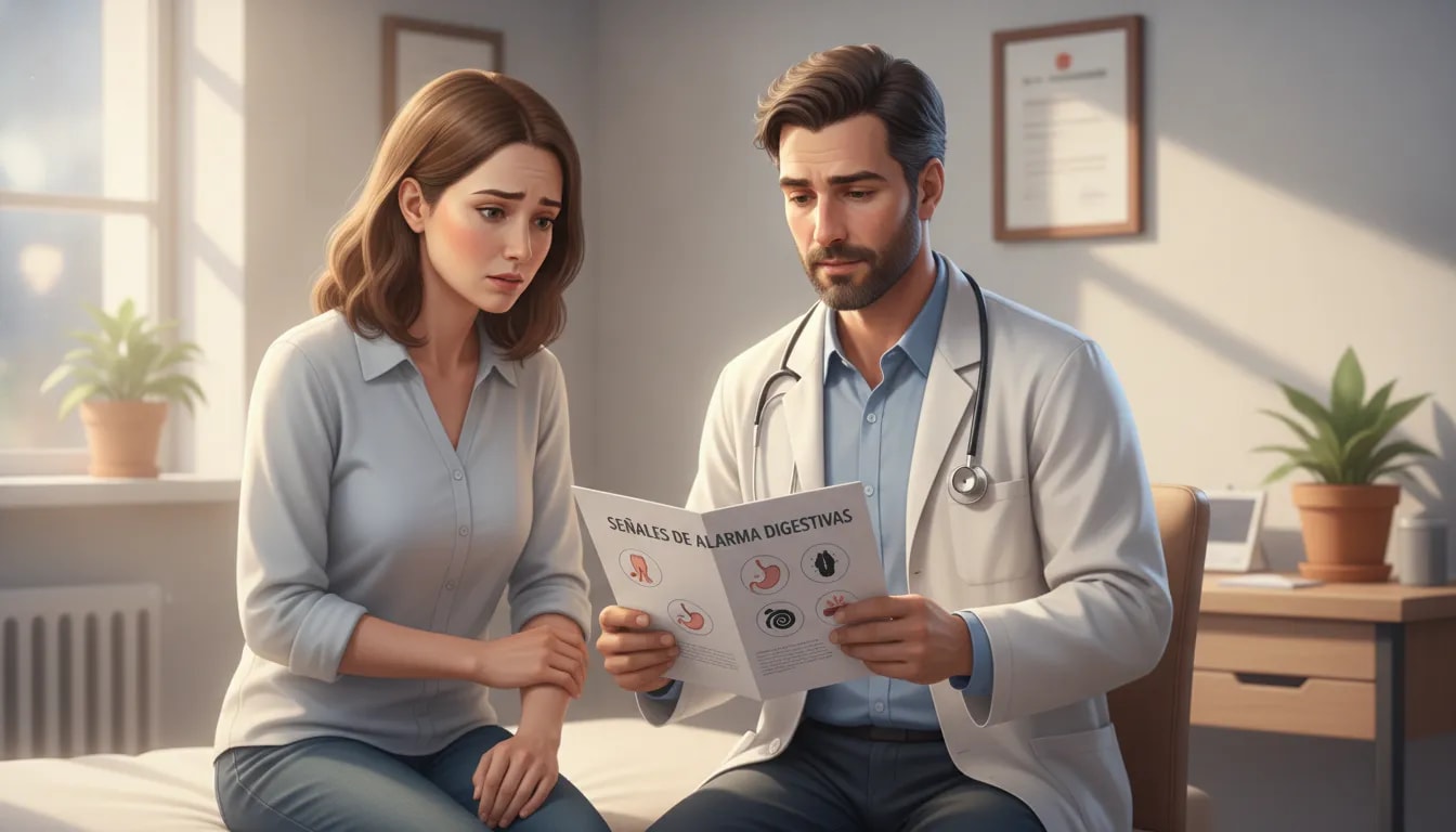 Consulta médica para señales de alarma en gastritis y reflujo, con un folleto de evaluación y síntomas de alerta