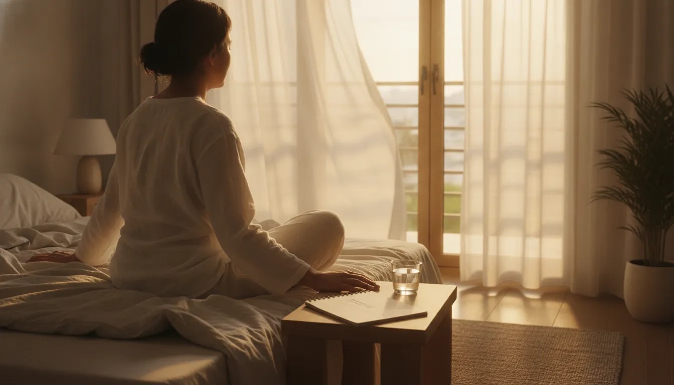 Despertar en Brahma Muhurta con calma: luz del amanecer, vaso de agua y respiración consciente en la cama