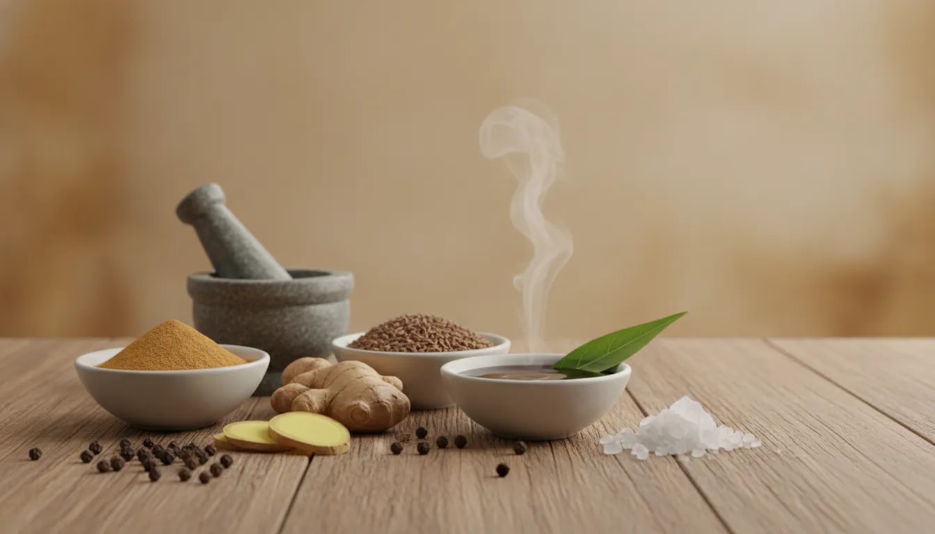 Ingredientes ayurvédicos para gases, cólicos y acidez: jengibre, ajwain, pimienta y polvo herbal en una mesa de madera