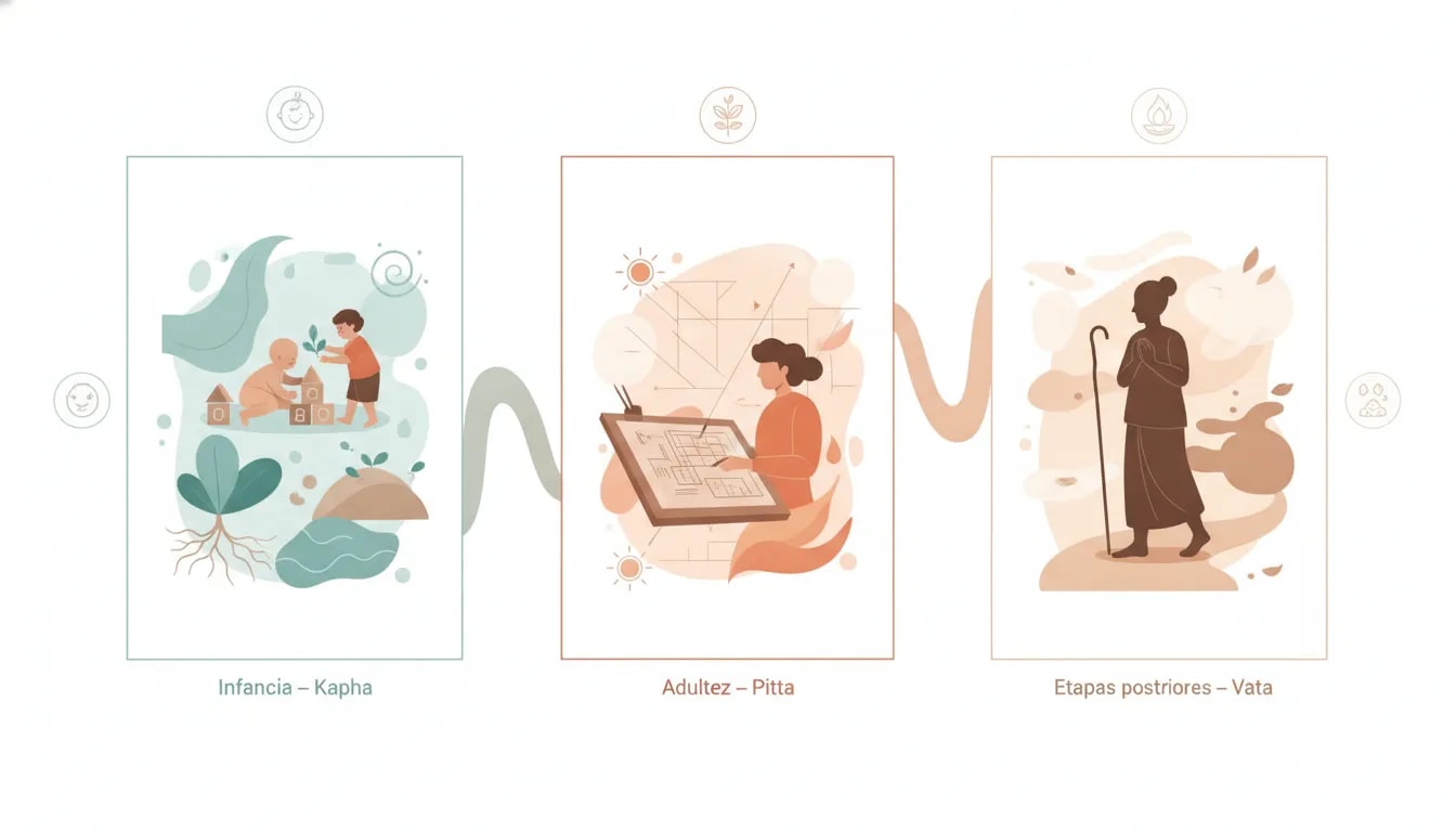 Ilustración que relaciona las etapas de la vida con Kapha en la infancia, Pitta en la adultez y Vata en etapas posteriores según Ayurveda