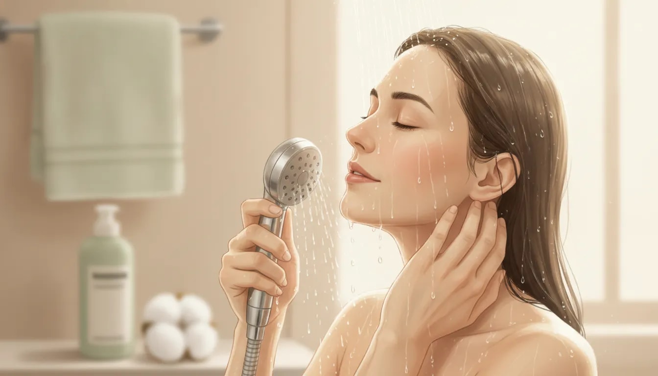 Persona mojándose el pelo con agua en la ducha por la mañana, enfoque de lavado suave sin champú diario