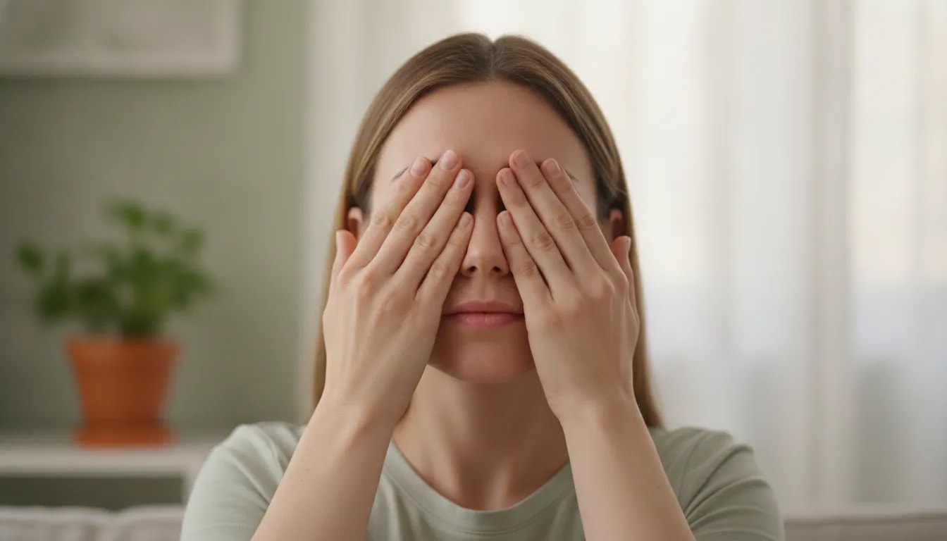 Persona haciendo palming con las manos ahuecadas y ojos cerrados para aliviar la fatiga visual
