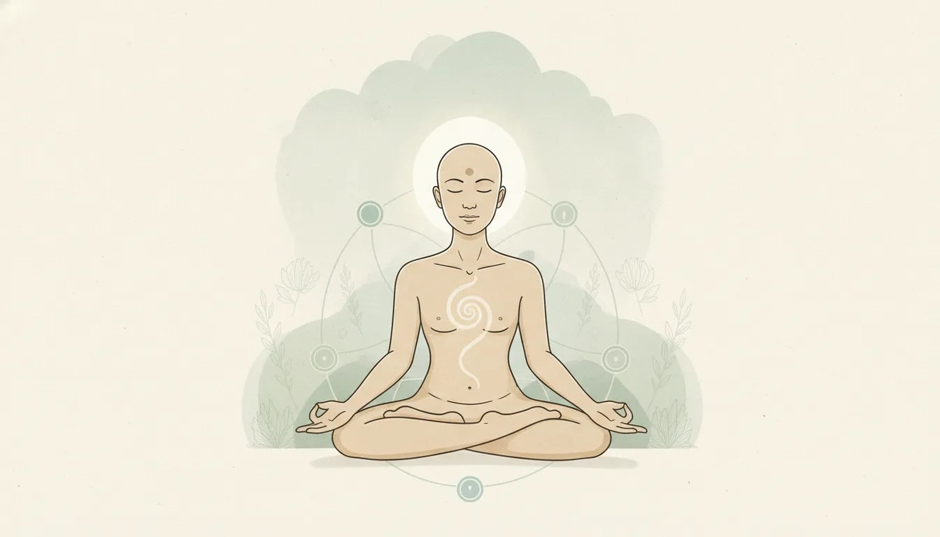 Ilustración de psicología ayurvédica mostrando la mente en calma, la respiración (prana) y los gunas en equilibrio alrededor de una práctica de meditación