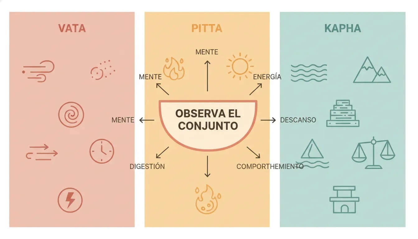 Infografía ayurvédica para reconocer desequilibrio de doshas: Vata, Pitta y Kapha y su relación con mente, digestión, energía y descanso