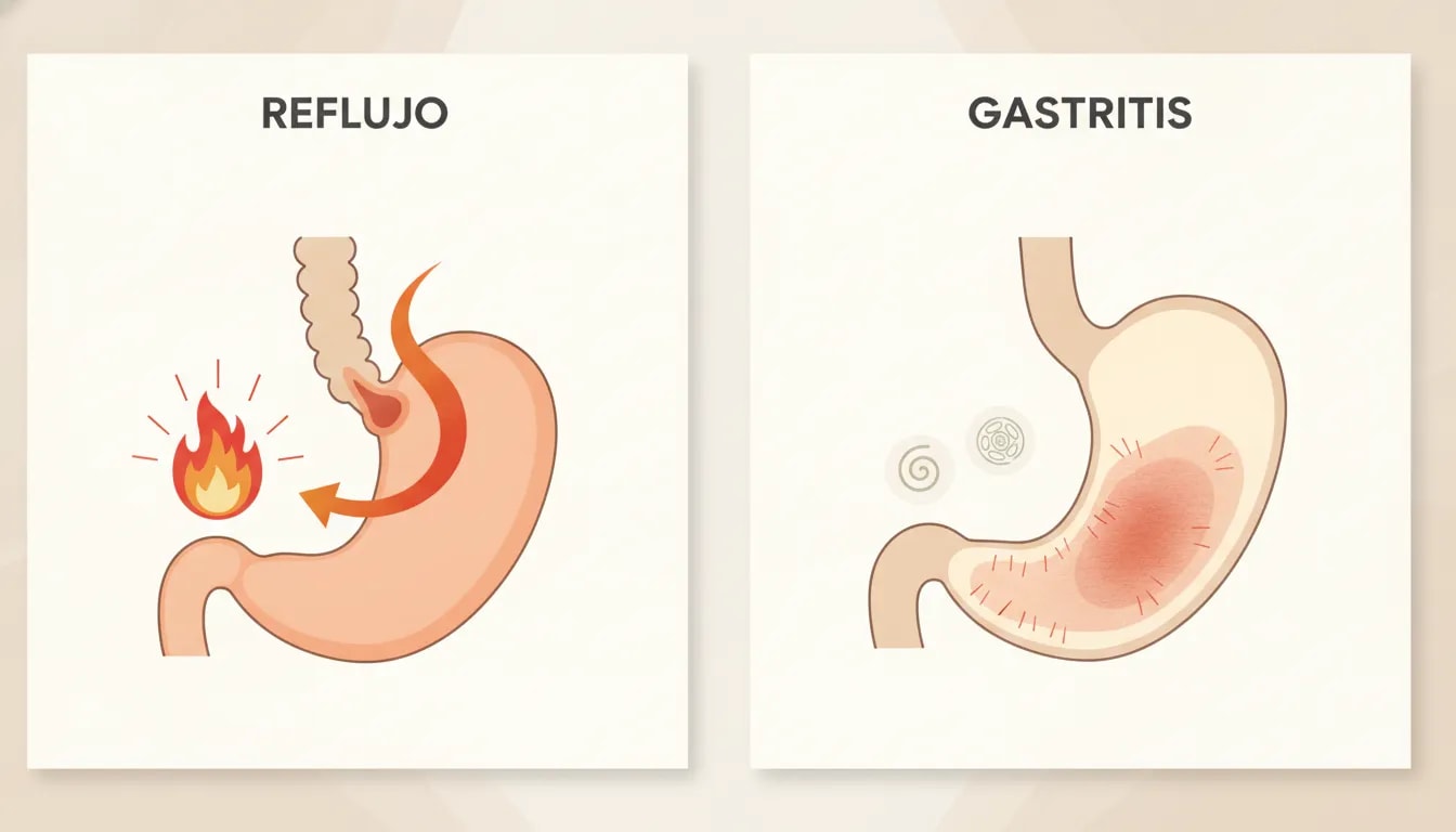 Ilustración que compara reflujo gastroesofágico (contenido que asciende al esófago) y gastritis (inflamación de la mucosa del estómago).