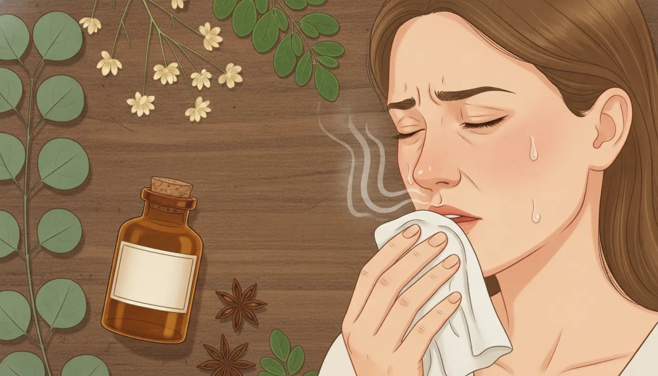 Ilustración sobre resfriado, dolor de garganta y congestión con elementos herbales y frasco aromático ayurvédico