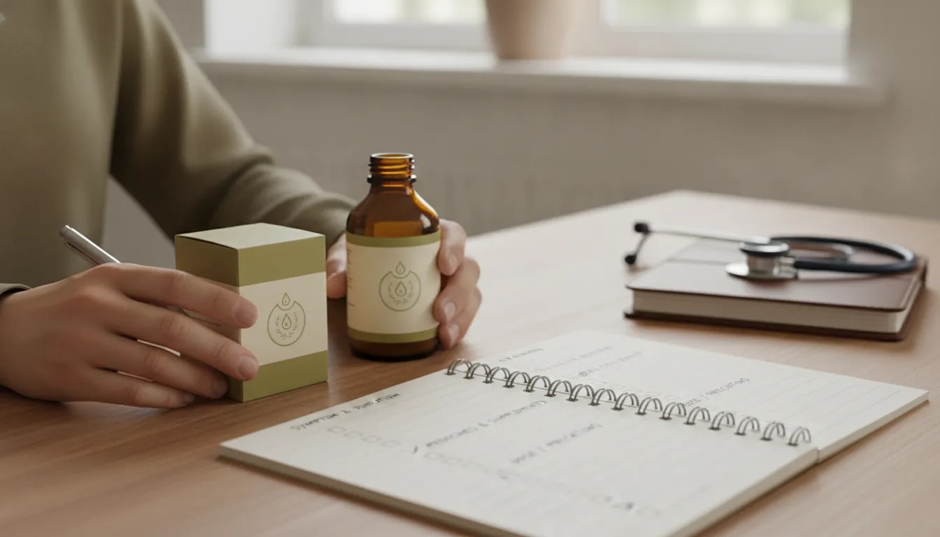 Persona revisando una etiqueta y tomando notas antes de usar medicinas ayurvédicas, con checklist de síntomas, medicamentos y precauciones