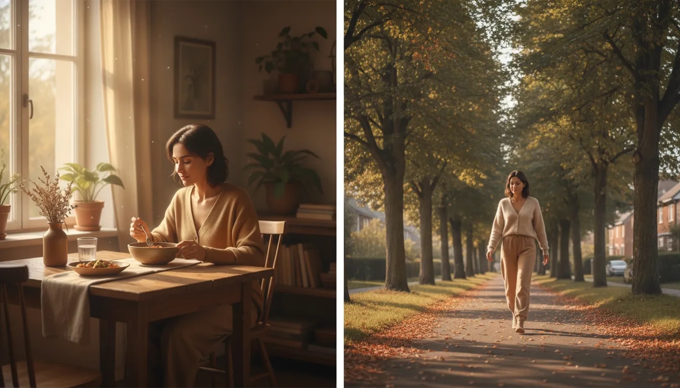 Persona comiendo con calma y caminando suavemente 10 a 15 minutos después de la comida, como ritual ayurvédico para la digestión