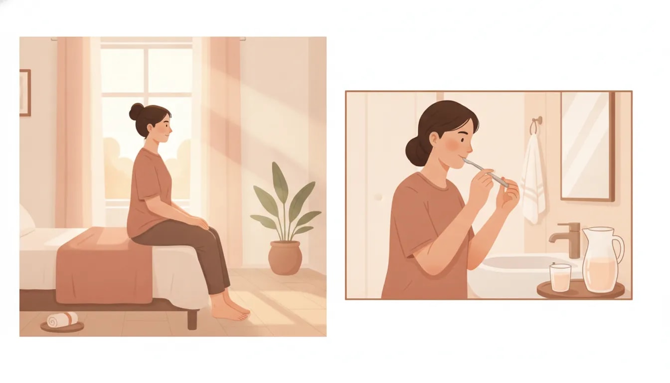 Persona preparando su rutina Dinacharya en la mañana: observa el cuerpo, raspa la lengua y toma agua tibia con calma