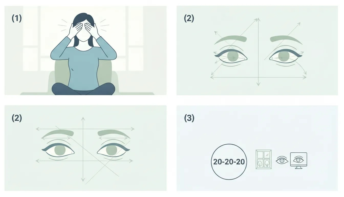 Ilustración de una rutina de yoga para los ojos con palming, movimientos oculares y recordatorio de la regla 20-20-20