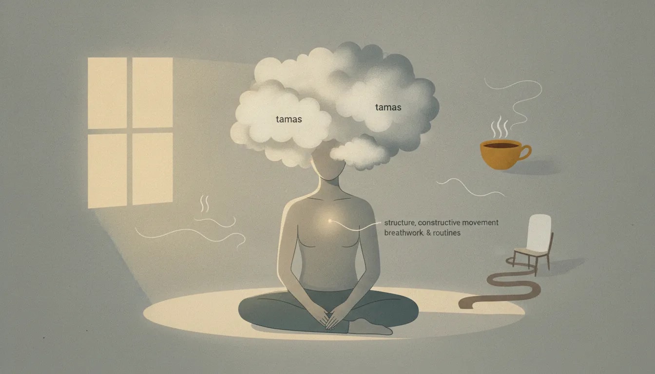Ilustración simbólica de tamas en Ayurveda: confusión e inercia mental y el inicio de un camino gradual hacia claridad con respiración y rutinas
