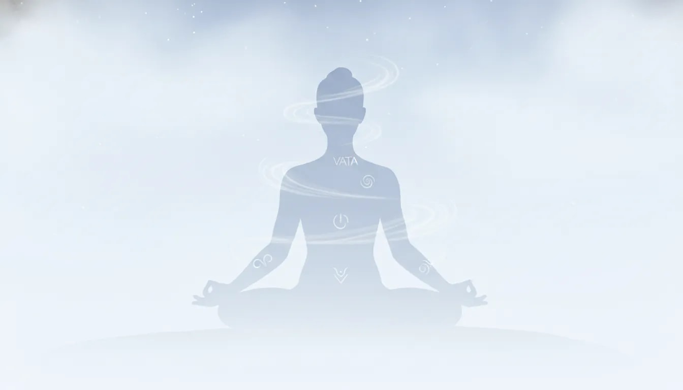 Ilustración estilo Ayurveda que representa Vata, el dosha del aire y el espacio, con una persona meditando rodeada de corrientes de aire sutiles
