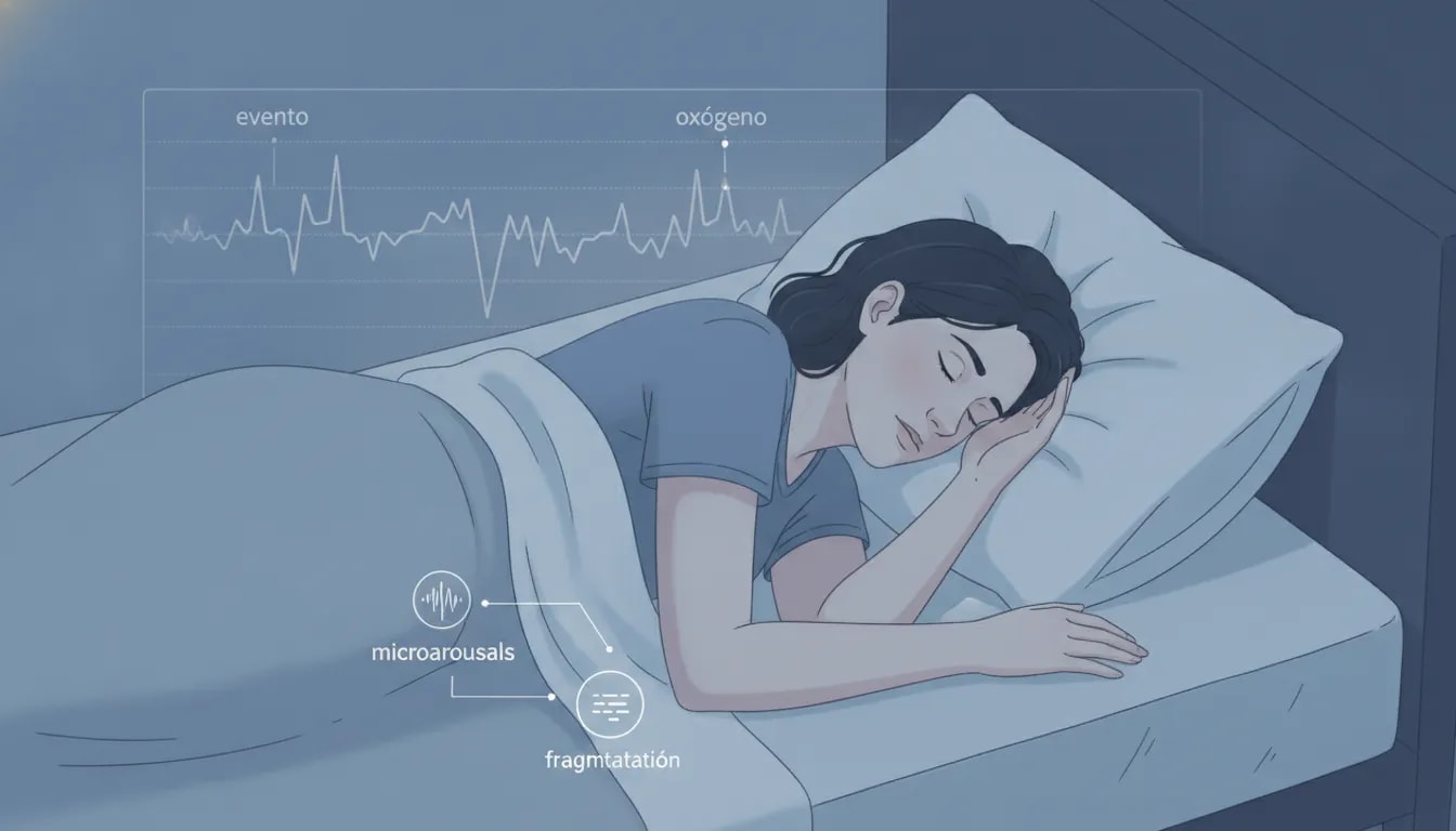 Persona durmiendo con visualización gráfica de eventos respiratorios y oxígeno para explicar cómo la apnea leve puede afectar el descanso