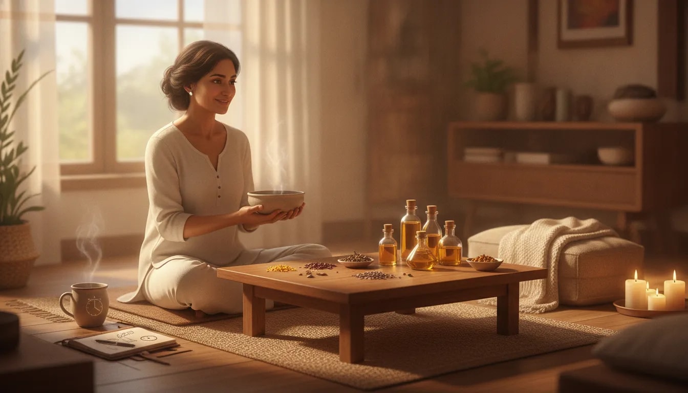 Consulta ayurvédica integral: terapeuta escuchando hábitos de alimentación y descanso en un ambiente sereno