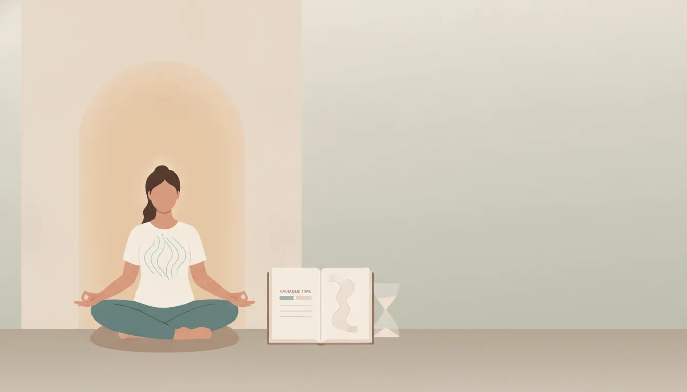 Persona meditando con un cronómetro y notas, simbolizando que no hay una duración universal para meditar