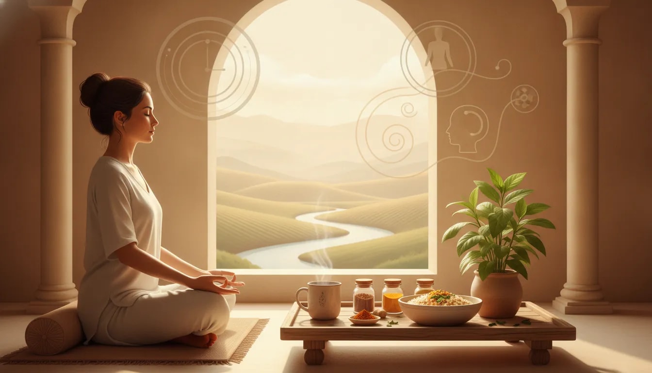 Persona meditando con elementos de Ayurveda como infusión, especias y kitchari para representar un enfoque integral del bienestar
