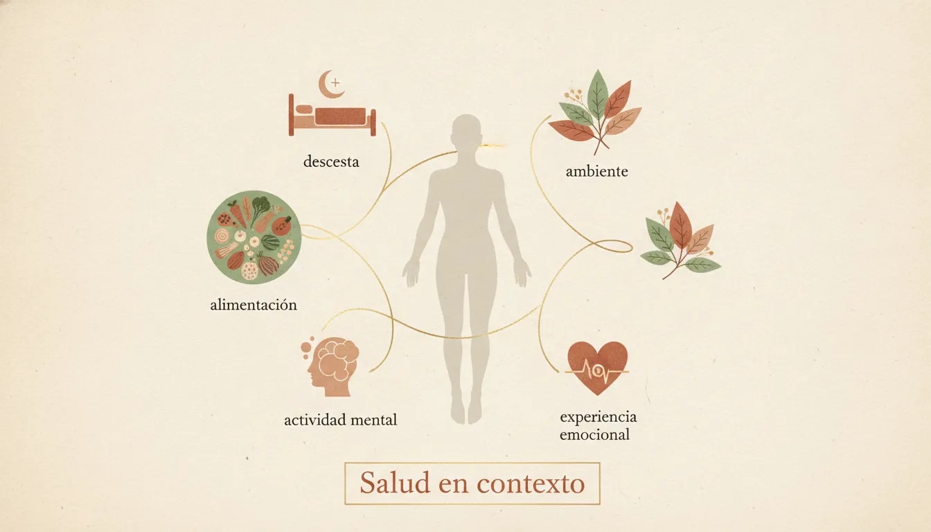 Ilustración del enfoque integral del Ayurveda: alimentación, estilo de vida, ambiente, mente y emociones en una misma visión de salud