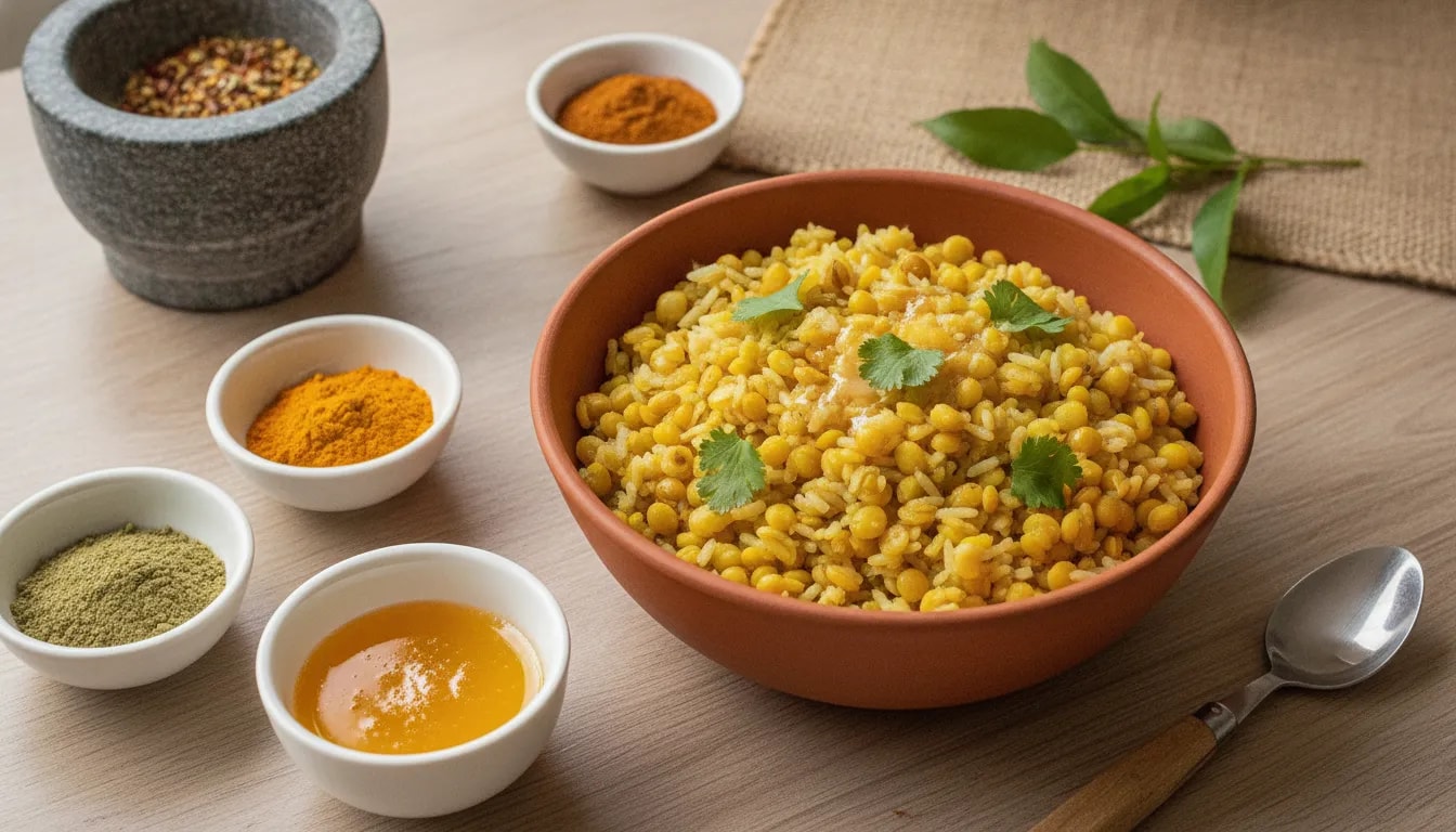 Cuenco de kitchari con especias tipo churna y ghee, inspirado en mezclas de seis sabores ayurvédicos