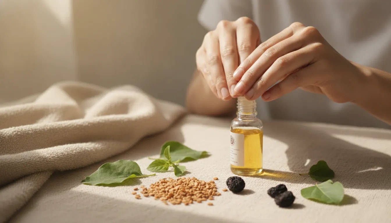 Masaje suave ayurvédico en el cuero cabelludo con elementos naturales como aceite, semillas y hojas de plantas