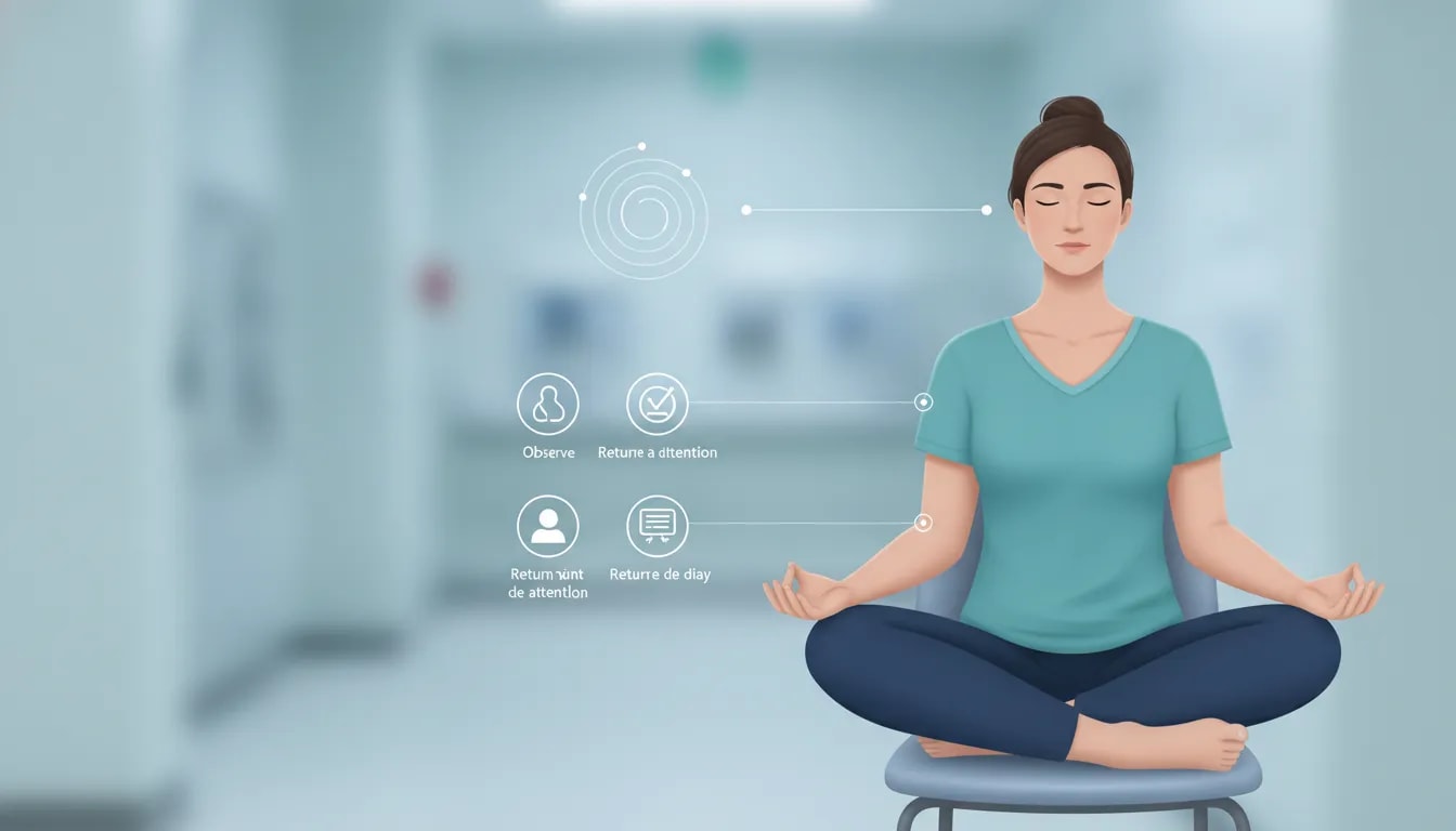 Persona meditando de forma laica en un entorno hospitalario, inspirado en programas tipo MBSR para reducir estrés